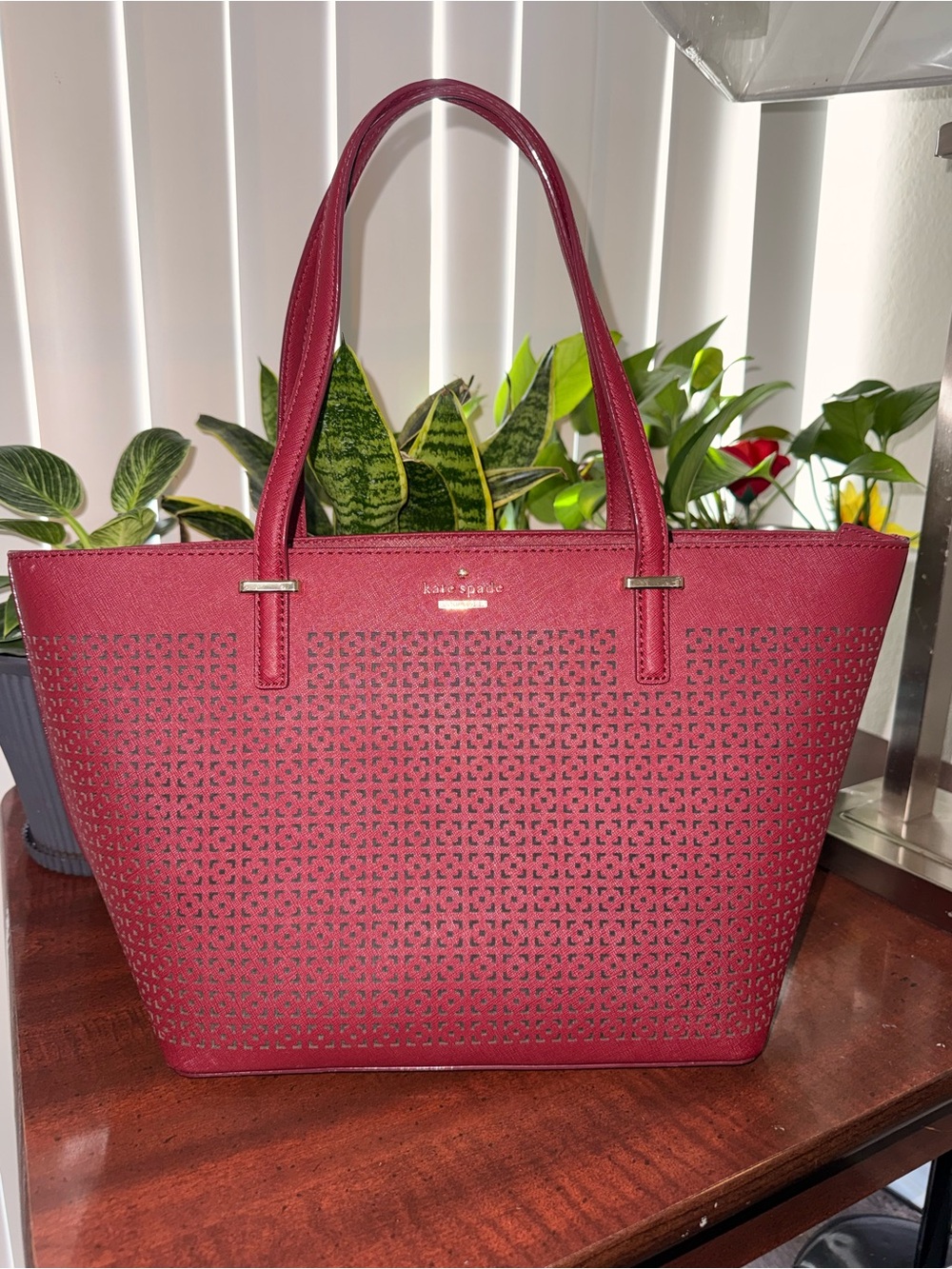 kate spade crimson perforated tote (burgundy)